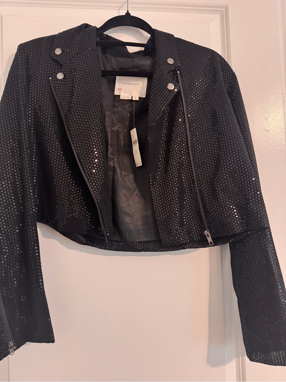 Anthropologie Black Sequin Cropped Moto Jacket